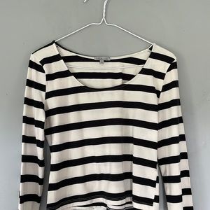 Chic Striped Black & White Long Sleeve L Soft Business Casual Top Scoop Cotton